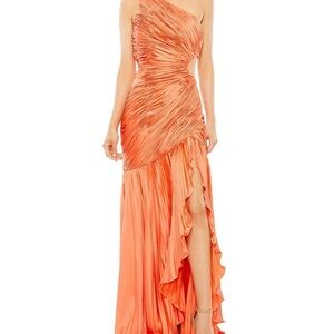 Mac Duggal Strapless Coral Orange One-Shoulder Ruffled Gown